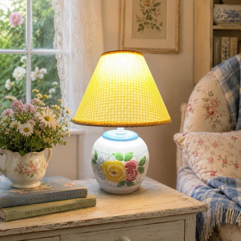 Vintage Hand Painted Floral Ceramic Table Lamp Blue Gingham Shade Cottagecore